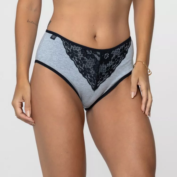 Calcinha Cinza com Detalhe Renda na Cintura Preto na cor Preta