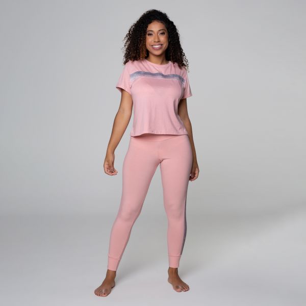 Pijama c/calça legging em algodão egípcio de manga curta e elástico personalizado c/ Glitter