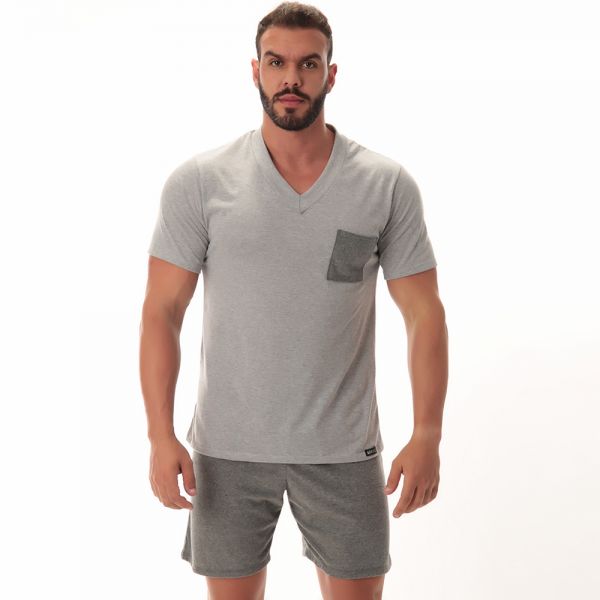 Pijama Bicolor Masculino Curto c/ bolso cinza escuro em algodão Egípcio