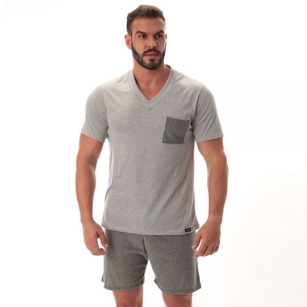 Pijama Bicolor Masculino Curto c/ bolso cinza escuro em algodão Egípcio