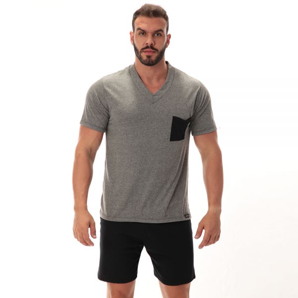 Pijama Bicolor Masculino Curto c/ bolso preto em algodão Egípcio