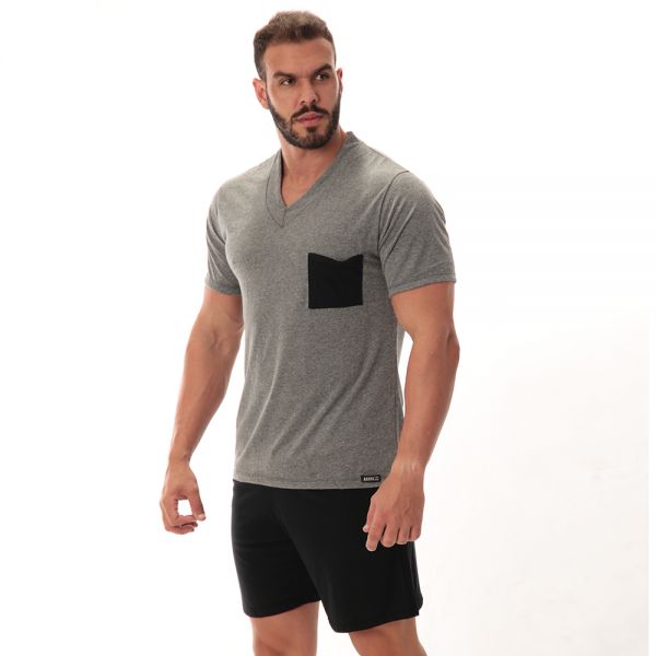 Pijama Bicolor Masculino Curto c/ bolso preto em algodão Egípcio