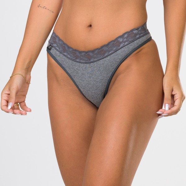 Tanga em algodão egípcio mescla escuro com renda na cintura