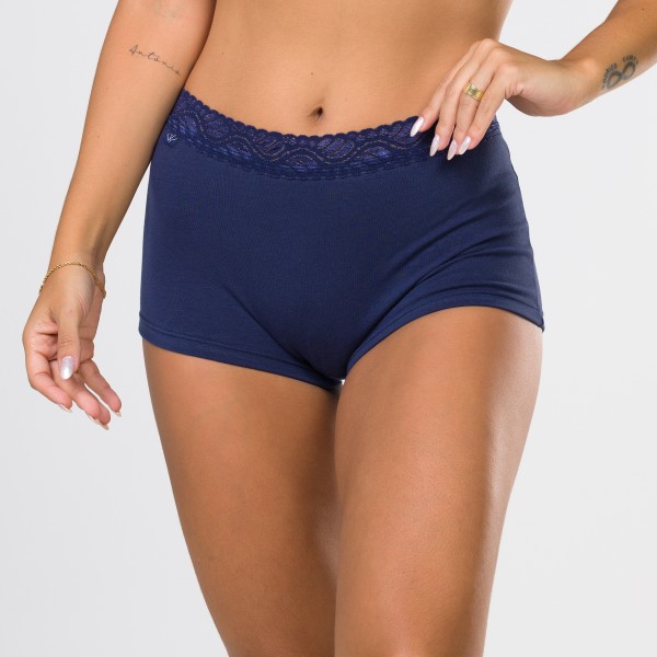 Cueca Feminina em Algodão Egípcio Marinho com renda na cintura