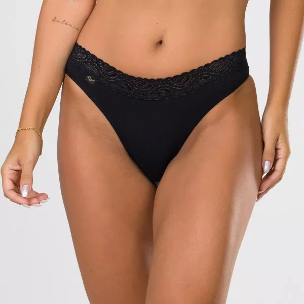 Tanga em Algodão Egípcio Preto com renda na cintura