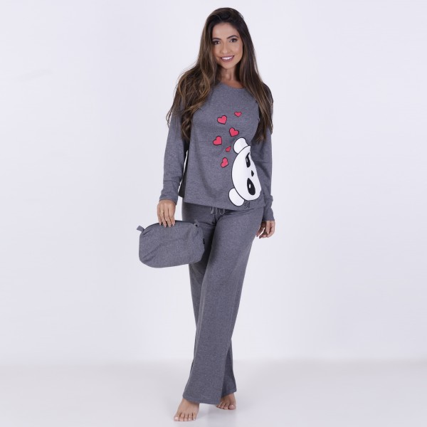 Pijama Longo em Algodão Com Estampa em Silk + Necessaire