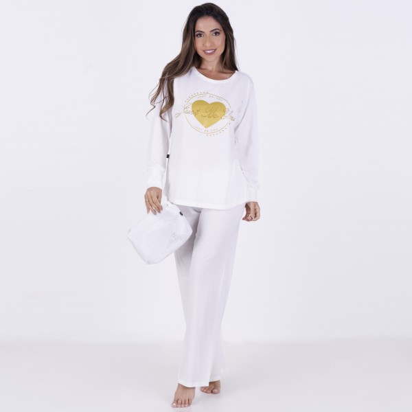 Pijama Longo em Algodão Com Estampa em Silk + Strass