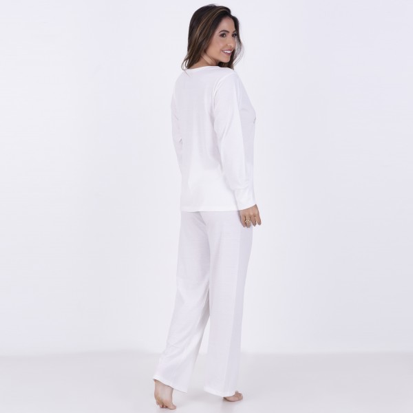 Pijama Longo em Algodão Com Estampa em Silk + Strass