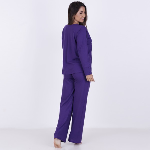 Pijama Longo em Algodão Com Estampa em Silk + Strass