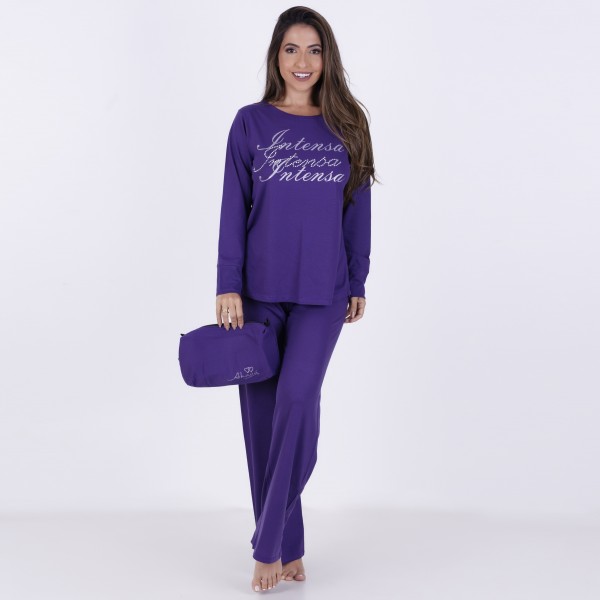 Pijama Longo em Algodão Com Estampa em Silk + Strass