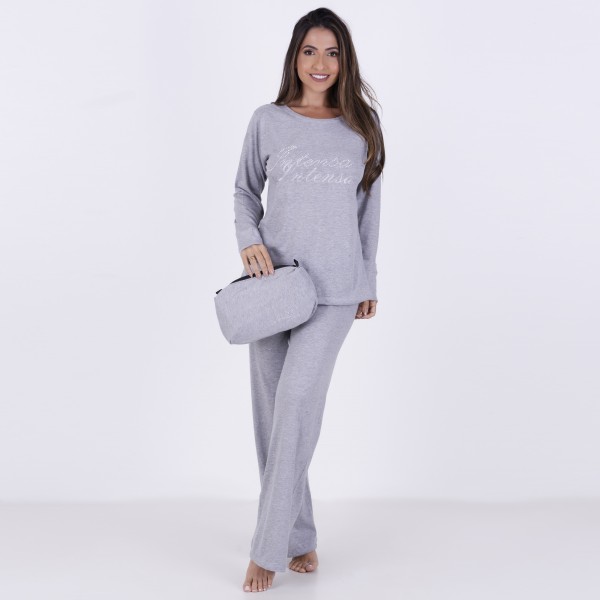 Pijama Longo em Algodão Com Estampa em Silk + Strass