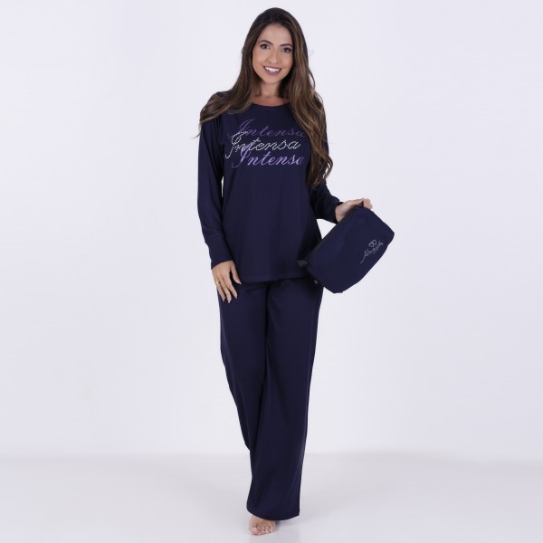 Pijama Longo em Algodão Com Estampa em Silk + Strass