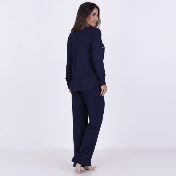 Pijama Longo em Algodão Com Estampa em Silk + Strass