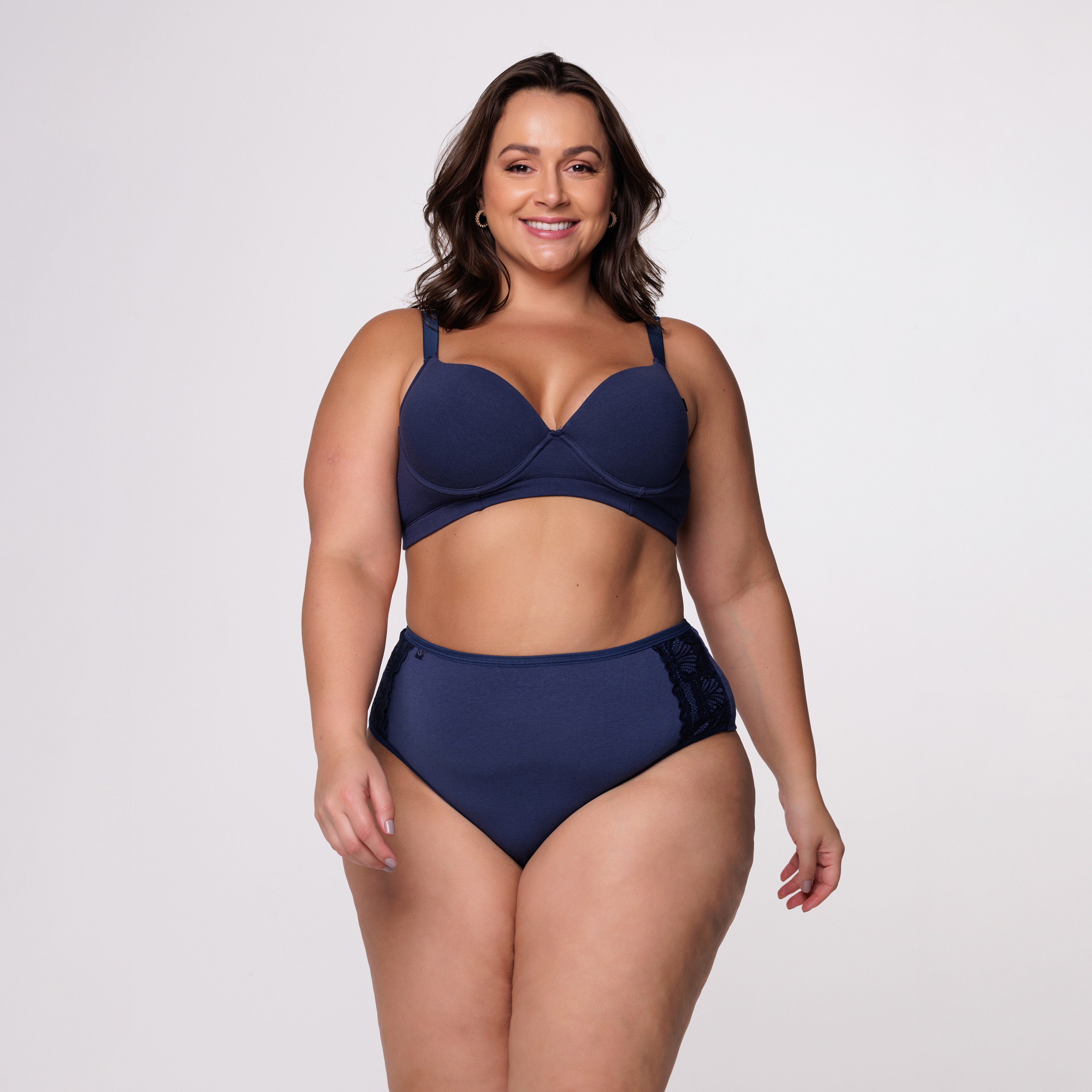 Calcinha Plus Size Fio Duplo Azul Marinho com Renda na Lateral