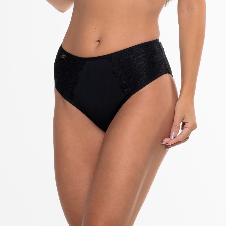 Calcinha com Detalhe em Renda Sobreposta Preto em Algodão Egípcio