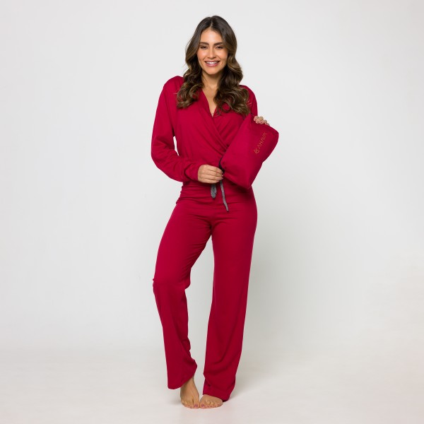 Pijama Longo Transpassado em Algodão Egípcio Rubi