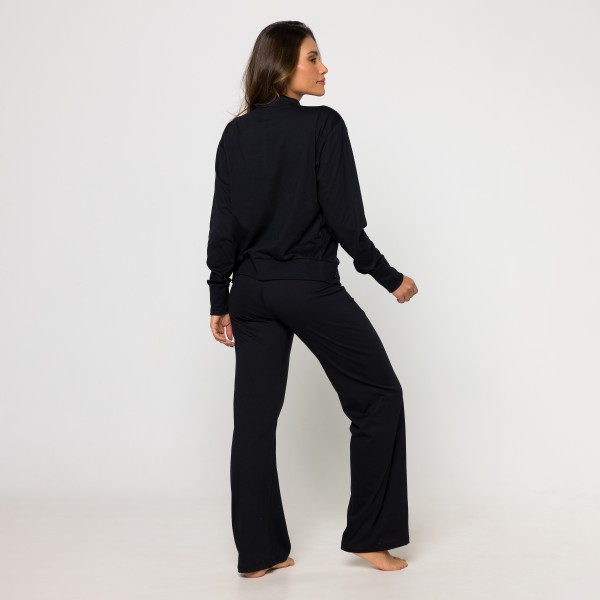 Pijama Manga Longa com Botões em Algodão Egípcio Preto