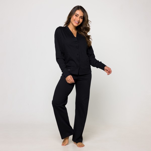 Pijama Manga Longa com Botões em Algodão Egípcio Preto