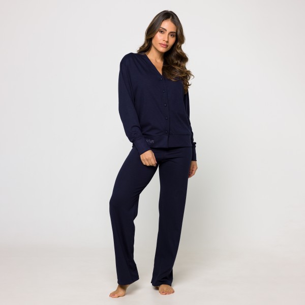 Pijama Manga Longa com Botões em Algodão Egípcio Marinho