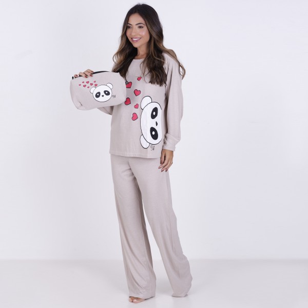 Pijama Longo Algodão com Estampa em Silk + Necessaire