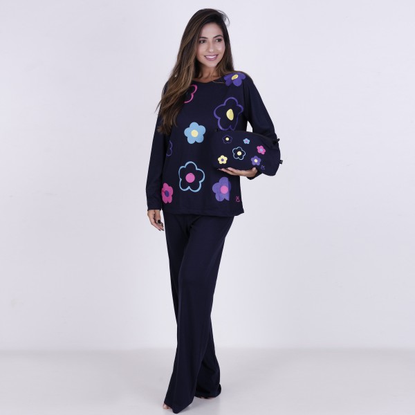 Pijama Longo Algodão com Estampa em Silk + Necessaire