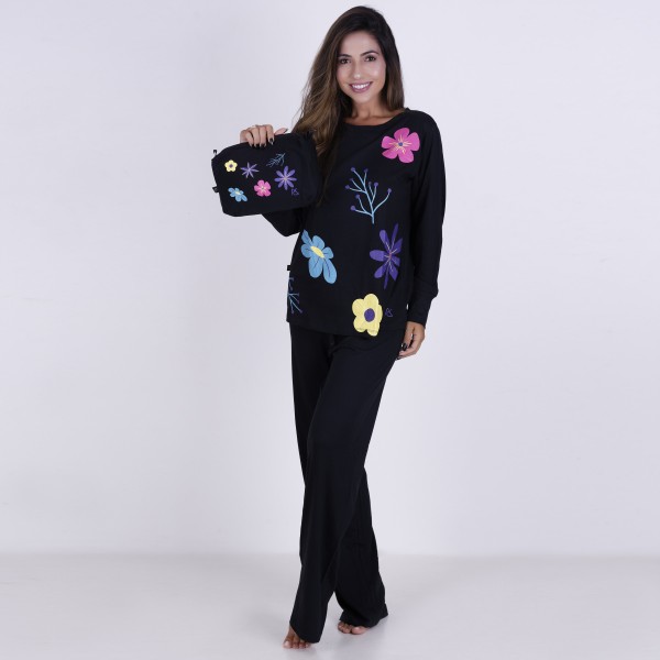 Pijama Longo Algodão com Estampa em Silk + Necessaire