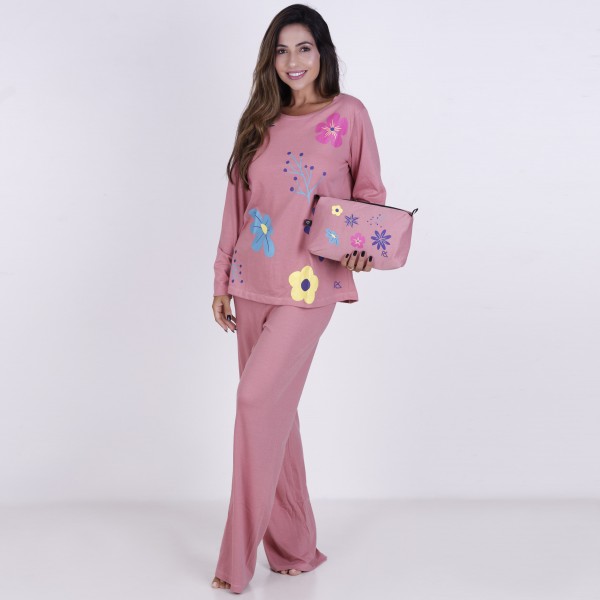 Pijama Longo Algodão com Estampa em Silk + Necessaire