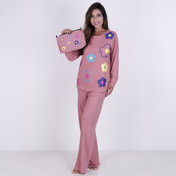 Pijama Longo Algodão com Estampa em Silk + Necessaire