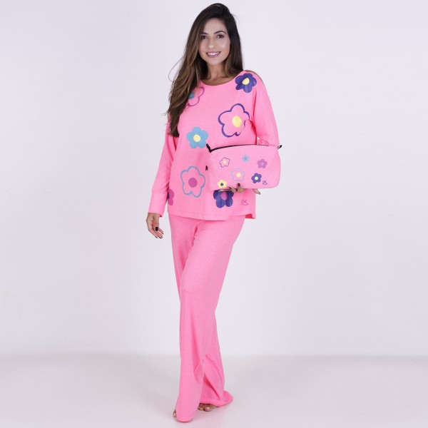 Pijama Longo Algodão com Estampa em Silk + Necessaire