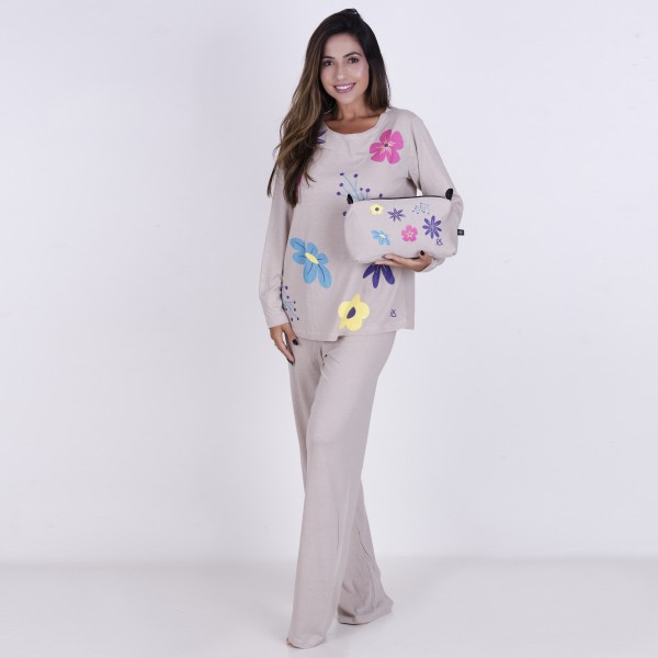 Pijama Longo Algodão com Estampa em Silk + Necessaire