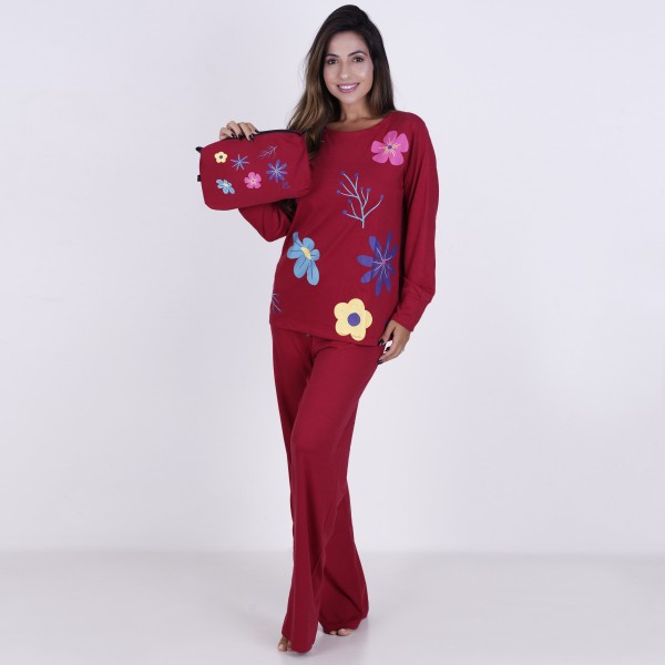 Pijama Longo Algodão com Estampa em Silk + Necessaire