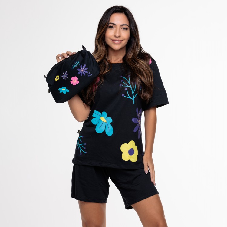 Pijama Curto Careca Preto Flores