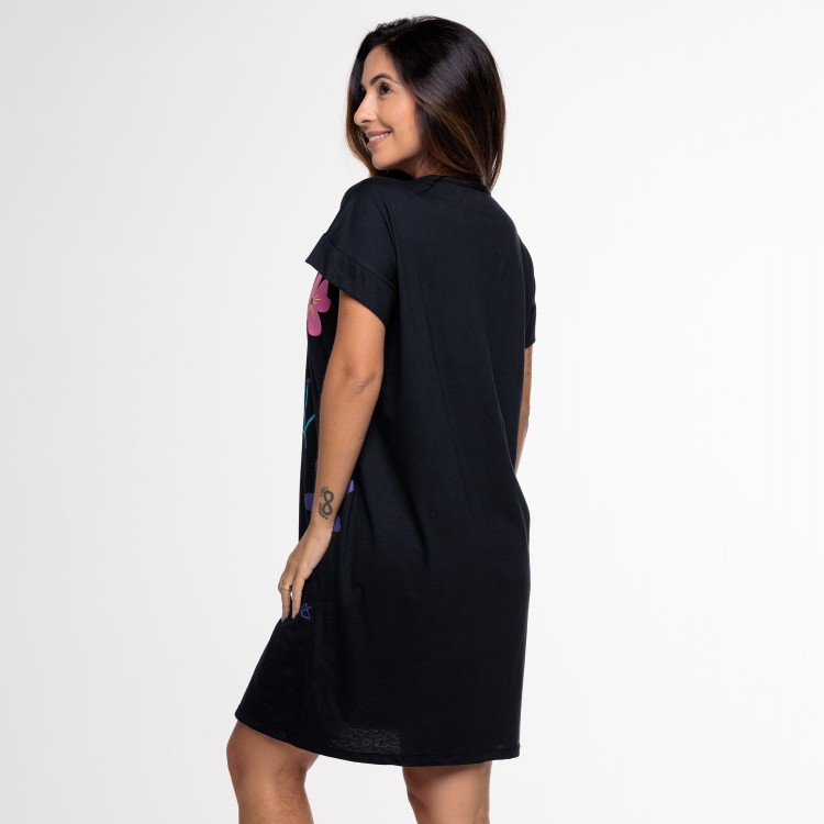 Camisão Silk em Algodão Preto Flores