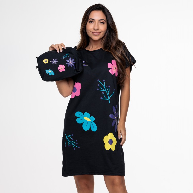 Camisão Silk em Algodão Preto Flores
