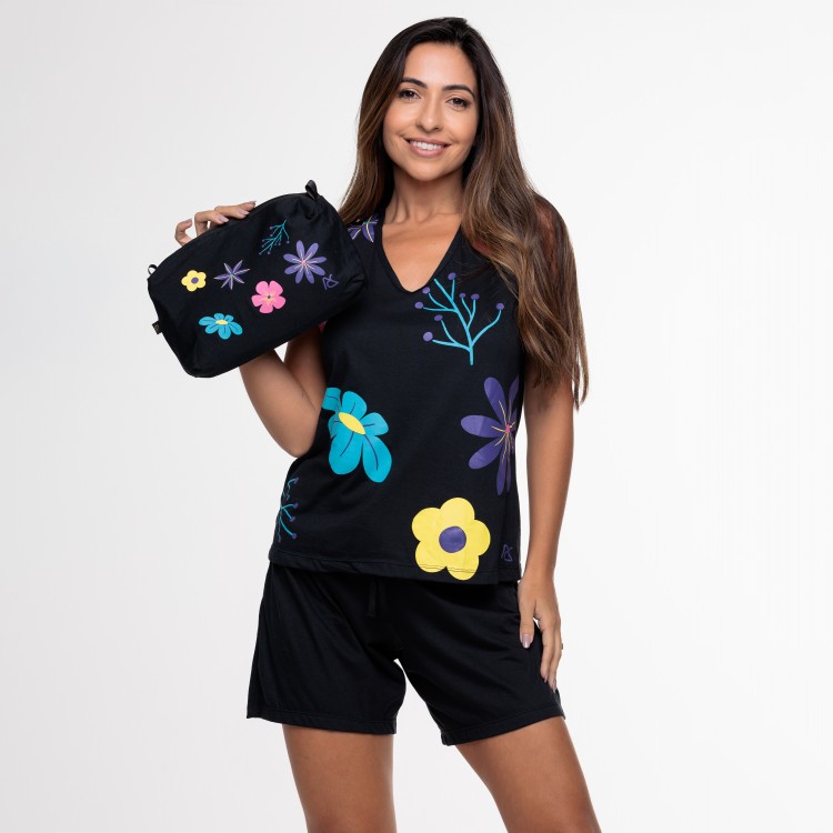 Pijama Regata em algodão cintura sanfonada preto flores