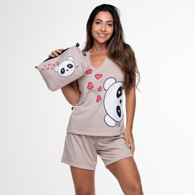 Pijama Regata em algodão cintura sanfonada areia panda