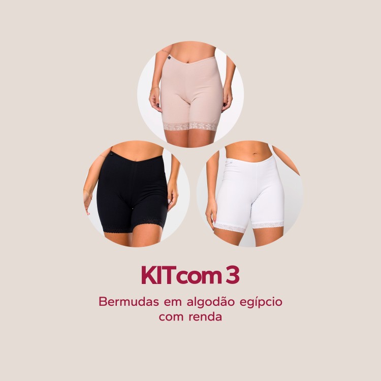 Kit com 3 bermudas em algodão egípcio com renda