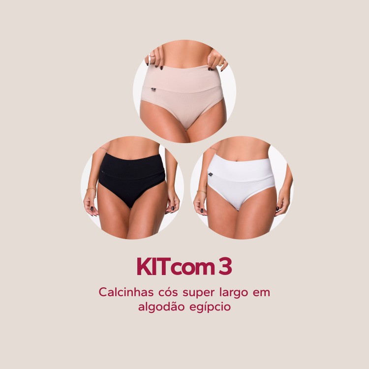 Kit com 3 calcinhas cós super largo em algodão egípcio