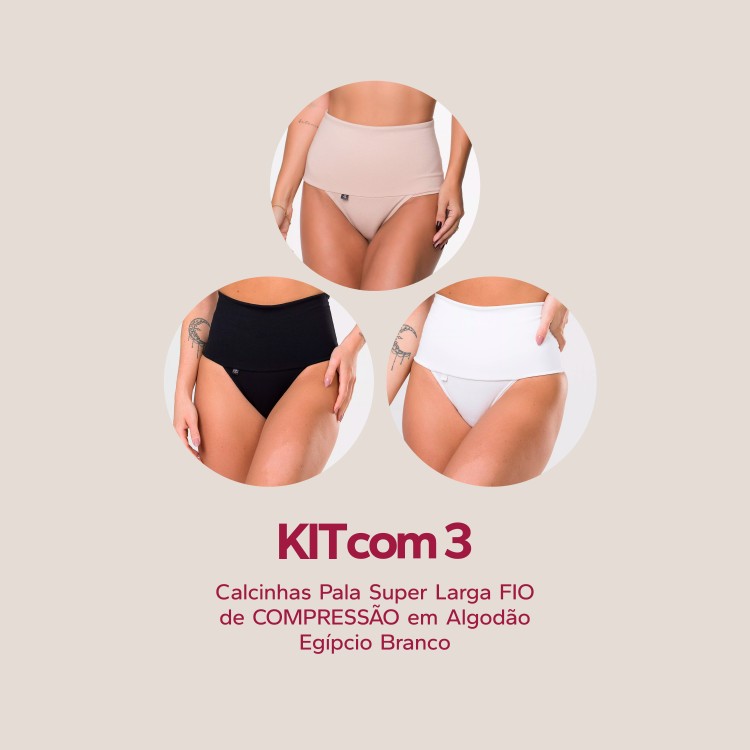 Kit com 3 calcinhas pala super larga fio compressão algodão egipcio