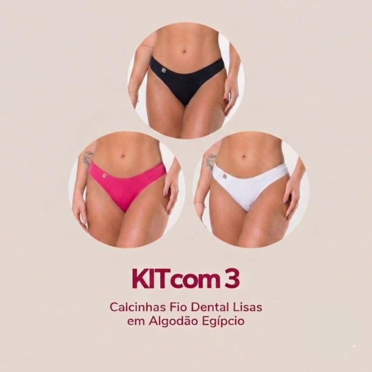 Kit com 3 Calcinhas Fio Dental em Algodão Egípcio