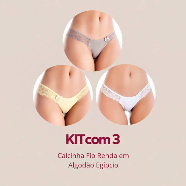 Kit 3 peças Fio Dental Em Algodão Egípcio Detalhe em Renda
