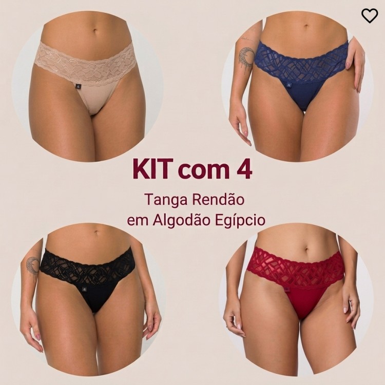 Kit 4 Calcinhas Em Algodão Egípcio Renda na Cintura