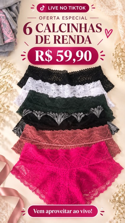 KIT COM 6 CALCINHAS EM RENDA CORES VARIADAS