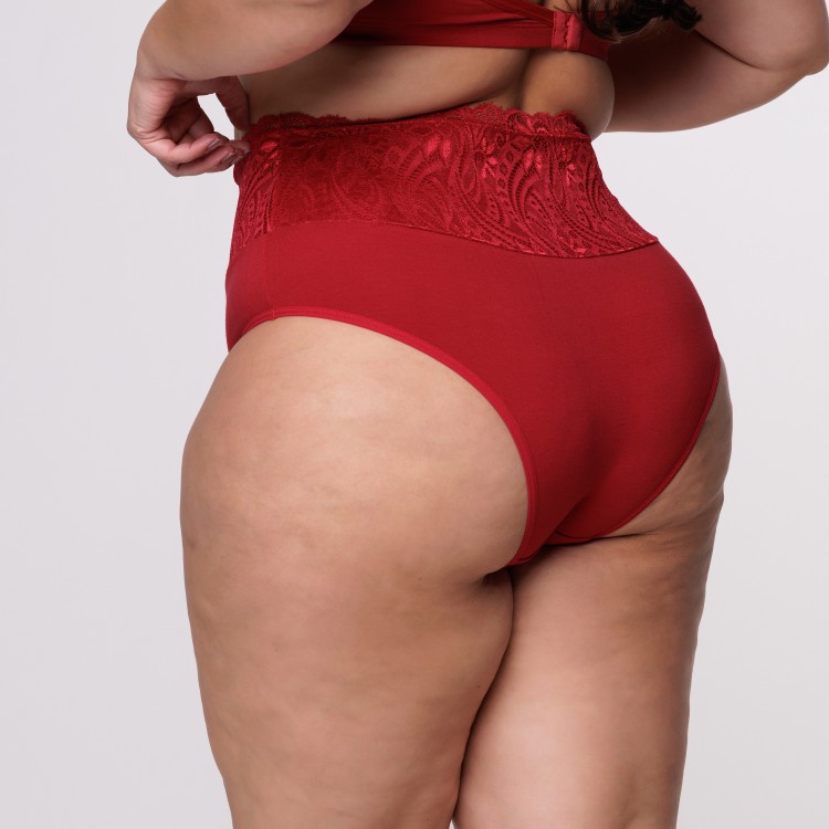 Calcinha Plus Size Algodão Egípcio na Cor Rubi Barra Renda Forrada