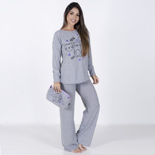 Pijama Longo em Algodão Egípcio com Estampa em Silk + Necessaire