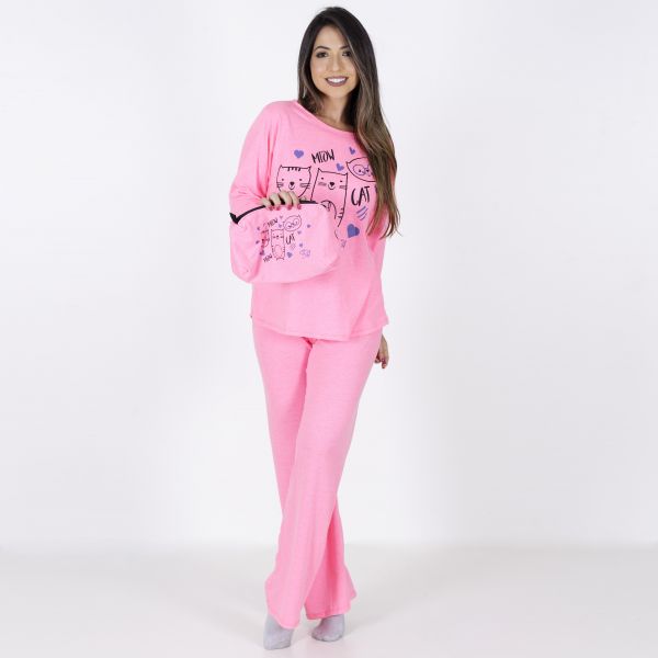 Pijama Longo em Algodão Com Estampa em Silk + Necessaire