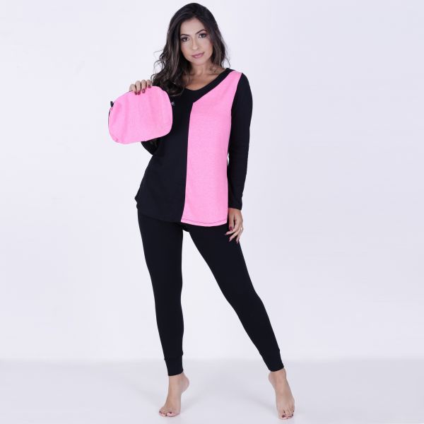 Pijama Algodão Bicolor com Legging preto com rosa pink