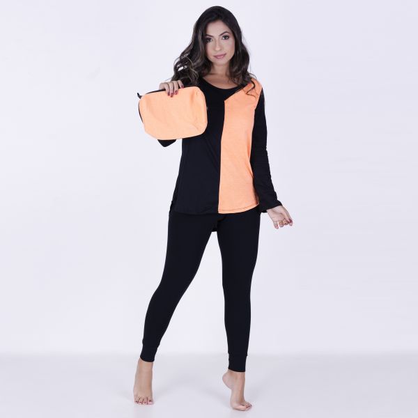 Pijama Algodão Bicolor com Legging preto com laranja