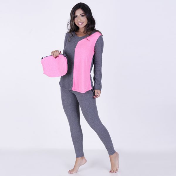 Pijama Algodão Bicolor com Legging cinza com pink