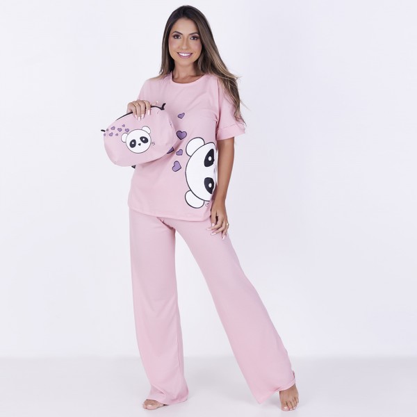 Pijama Longo e manga curta de algodão romance panda